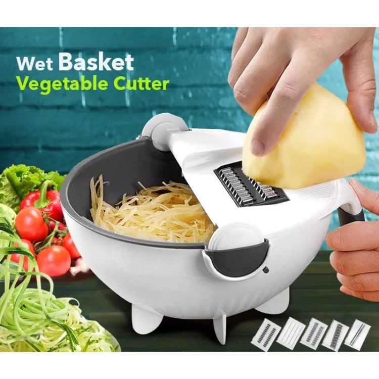9 in 1 Multifunction Kitchen Wet Basket Vegetable Cutter With Drain Magic Rotate Safety