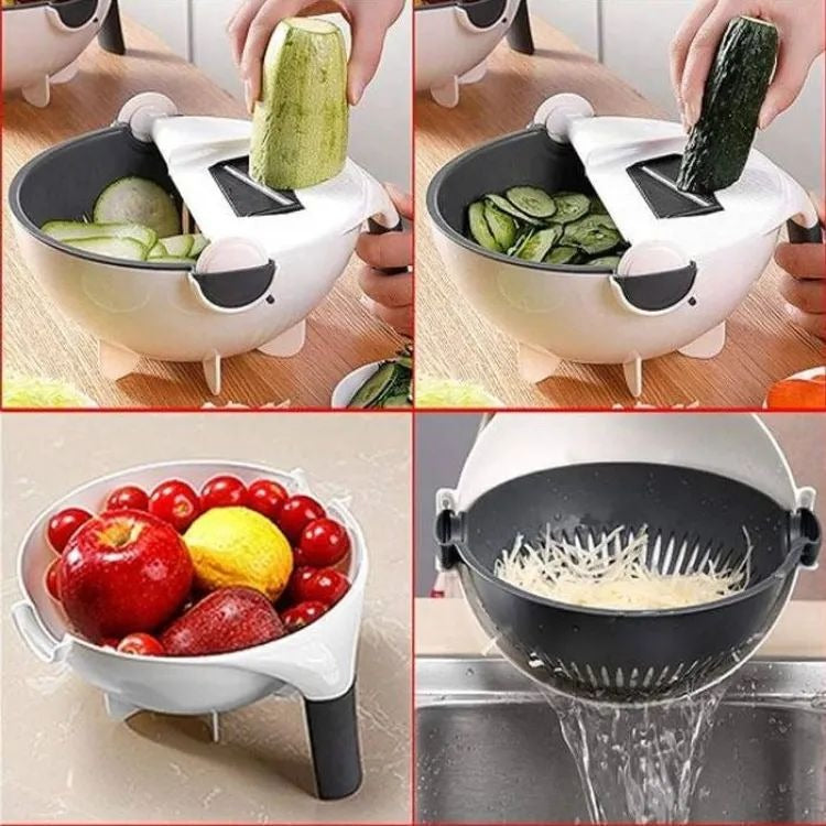 9 in 1 Multifunction Kitchen Wet Basket Vegetable Cutter With Drain Magic Rotate Safety